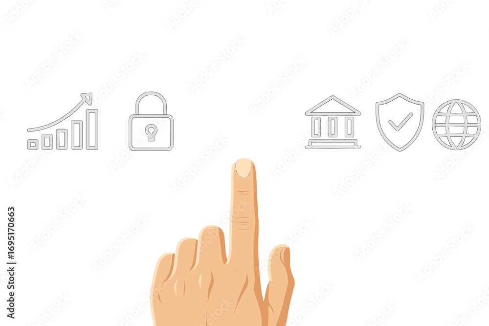 Poster a futuristic biometric authentication concept shows a man touching a fingerprint scanner surrounded 