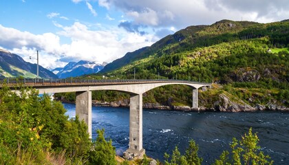 Fototapeta premium Mountain bridge over a fjord on a sunny day