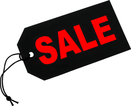 A black sale tag, featuring the word SALE in bold red text, offering discounts or promotions.