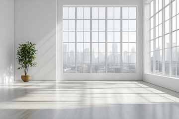 Fototapeta premium Bright empty modern room with large grid windows. Cityscape view. Sunlight casts strong shadows on white walls and light wooden floor. Green plant.