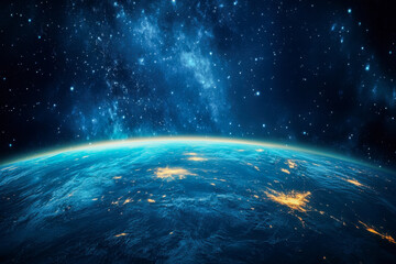 Obraz premium Panoramic view of planet Earth at night from dark space. Glowing city lights illuminate the blue horizon under a vast starry galaxy.