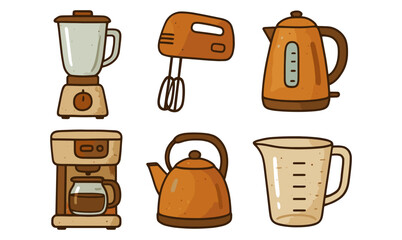Retro kitchen appliance collection featuring hand-drawn blender, mixer, and kettle designs