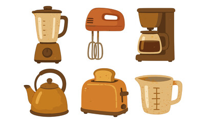 Vintage kitchen appliances set in flat retro style