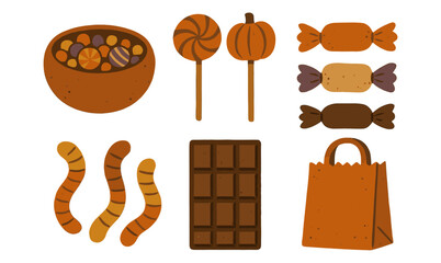 Autumn-themed sweets with chocolate bars, candies, and lollipops in textured art style