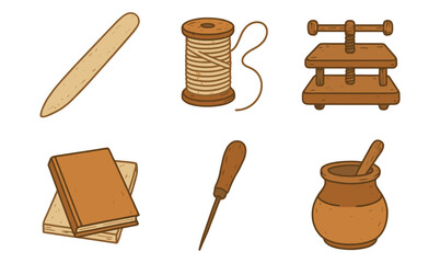 Rustic vintage craft tools collection featuring bookbinding and pottery elements