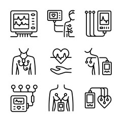 Holter monitoring system tracking cardio problem. Portable Dynamic EKG Recorder. ECG and blood pressure monitoring. Cardiogram Outline Icons Set Isolated on white background. Vector simple illustratio