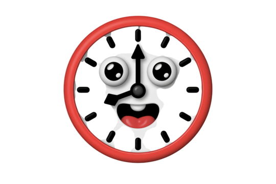 Playful clock face showing time with cartoon eyes and smiling expression