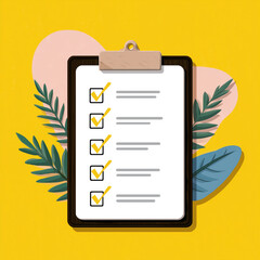 Colorful checklist on clipboard with leaf accents, flat illustration