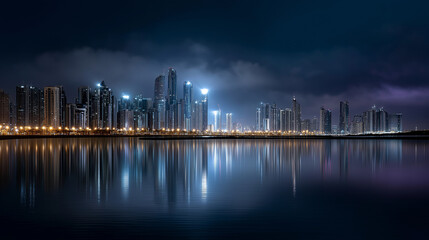 A skyline glows with reflection, the lively scene illuminated by gentle light. Skyline, reflection, with copy space
