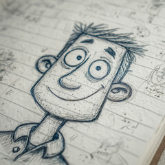 Pencil sketch of a cartoon boy face on textured paper, drawing