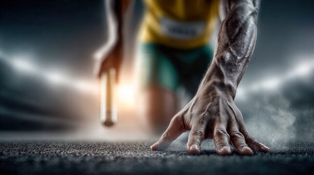 An athlete prepares to run a relay race, hand ready on the track.