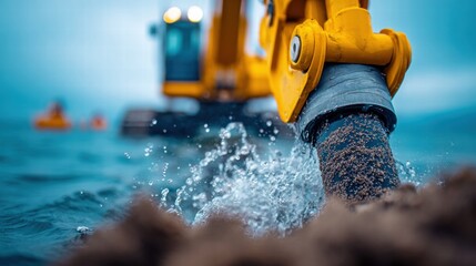 Yellow excavator dredging in the water, creating splashes as it works on a construction project.