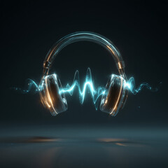 Over-ear headphones with luminous blue ring on dark background, digital art