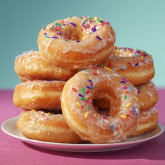 Assorted glazed donuts with colorful sprinkles piled high, photograph