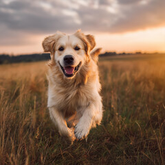 Golden dog running through tall grass at golden hour, photography