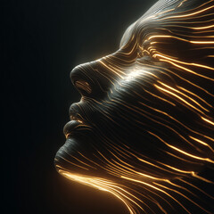 Stylized face profile with glowing light trails, digital art
