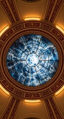 Obraz premium Ornate circular stained glass dome skylight showing dramatic blue sky and clouds inside historic.