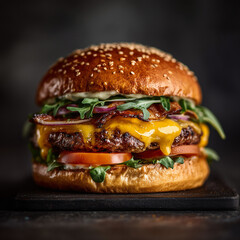 Classic burger with sesame bun on dark backdrop, studio photo