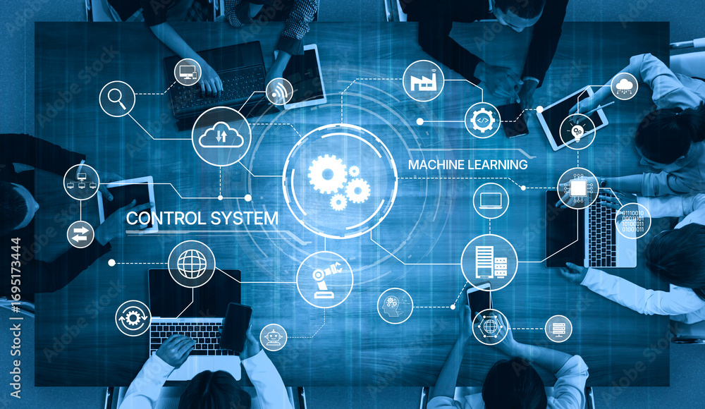 Poster modern automation drives workflow efficiency by connecting systems, people, and data. with intellige