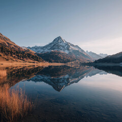 Snowy peak mirrored in a still alpine lake, photography
