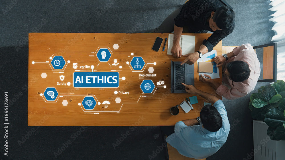 Aufkleber aerial view of a team engaged in a discussion about ai ethics, featuring digital icons on a wooden t