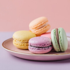 Stacked macarons on a pink background, studio photo