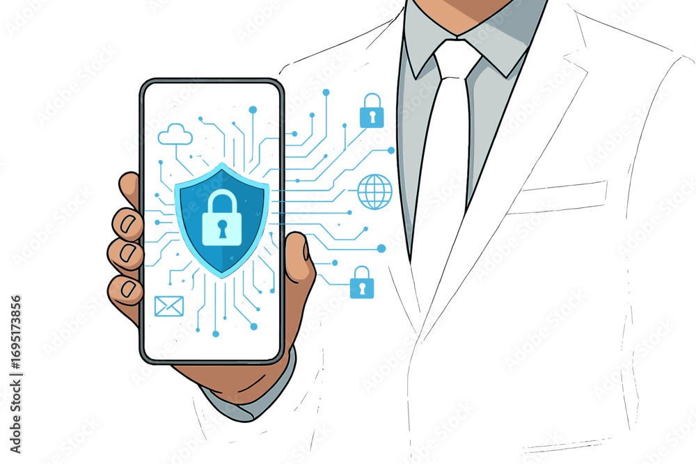 Poster a businessman depicted with a digital shield and lock icon symbolizes cybersecurity and data protect