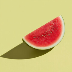 Watermelon slice centered on yellow background, photography
