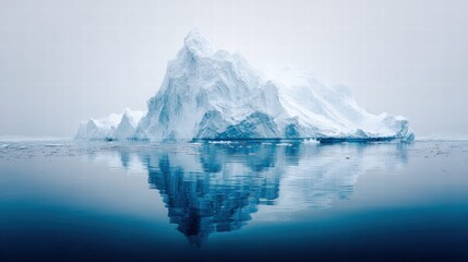 A massive iceberg reflects perfectly in the calm ocean waters, showcasing its grandeur.