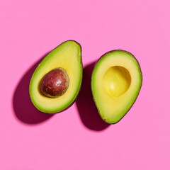 Whole avocado and halved fruit on magenta background, photography