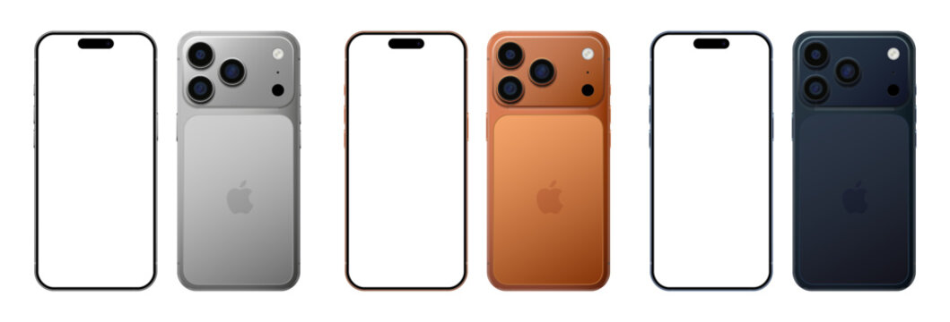 Kiev, Ukraine - September 9, 2025: New Apple iPhone 17 Pro Max in Silver, Cosmic Orange and Deep Blue colors. Smartphone 3D mockup screen front view iphone with white screens and back side phone