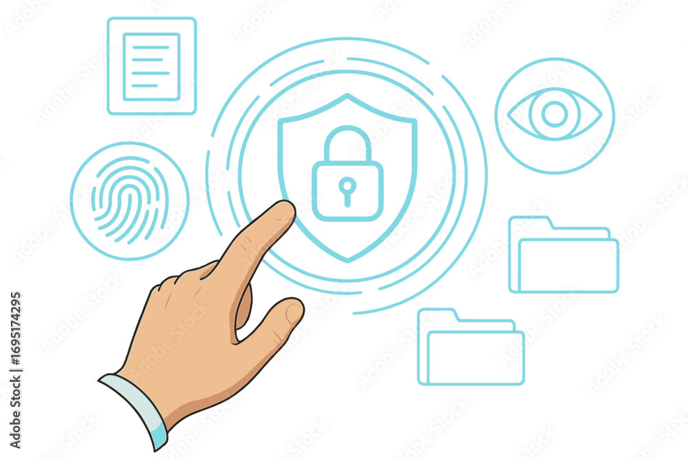 Aufkleber a hand directs attention to a digital cybersecurity interface featuring a lock icon, rendered in a f