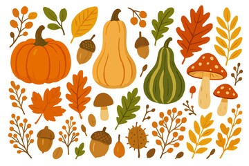 A textured autumn collection featuring pumpkins, leaves, mushrooms, berries, acorns, and nuts, evoking a cozy fall vibe suitable for seasonal cards, banners, posters, and prints, presented as a set