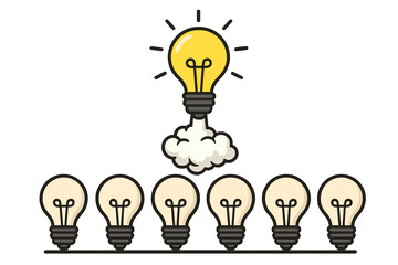 A collection of upright light bulbs featuring a single illuminated rocket launch, presented as stylish flat vector icons that embody the concept of an idea against a green backdrop