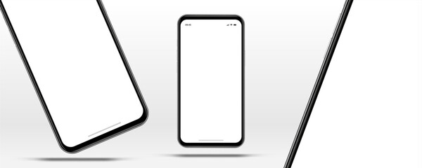 Realistic smartphone mockup. Mobile phone vector with isolated on white background. Device front view. 3D mobile phone with shadow. Realistic, high quality smart phone mockup for ui ux presentation.