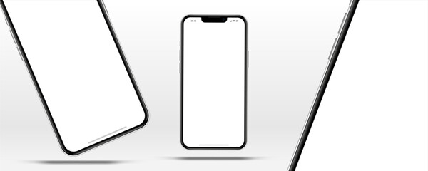 Realistic smartphone mockup. Mobile phone vector with isolated on white background. Device front view. 3D mobile phone with shadow. Realistic, high quality smart phone mockup for ui ux presentation.