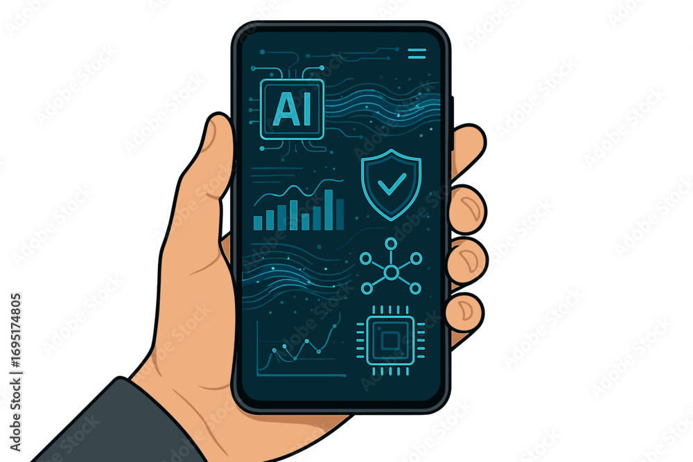 Poster using biometric authentication such as fingerprint or face id on a mobile phone, a woman accesses he