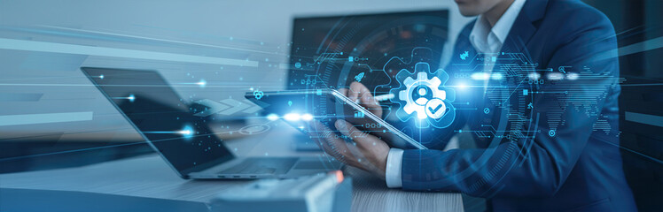 Corporate responsibility, transparent operations Businessman using tab with analysis data of growth...