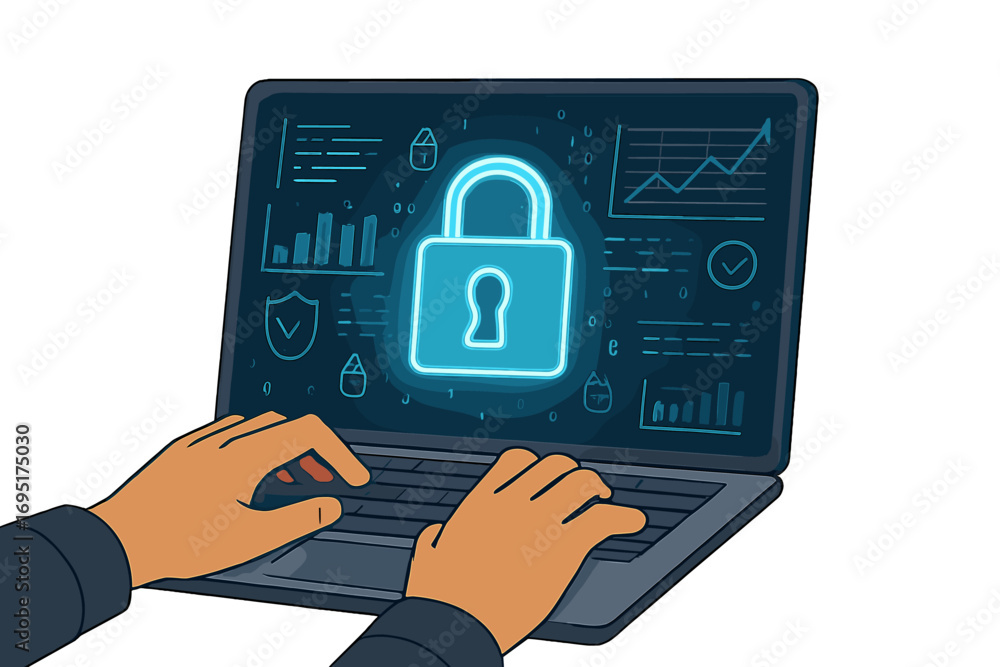 Poster concept of data protection and cybersecurity, online internet network security represented by a padl