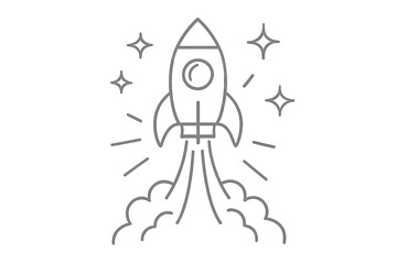 A classic-style vector icon showcasing a startup rocket, launch project sign, innovation symbol, and quality design element