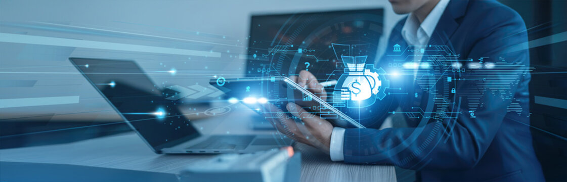 Budget planning, financial strategy Businessman using tab with analysis data of growth to optimize global connection, expense management, cost control, revenue forecasting - Powered by Adobe