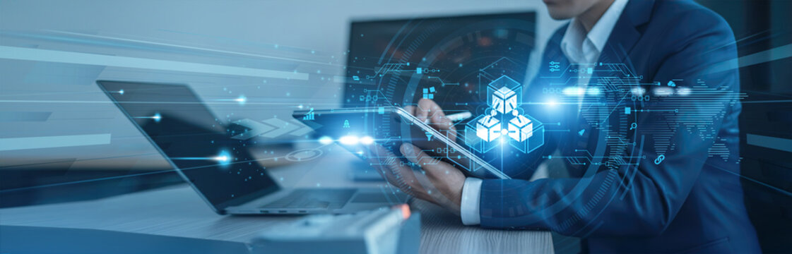 Blockchain, decentralized systems Businessman using tab with analysis data of growth to enable global connection, secure transactions, smart contracts, digital ledger