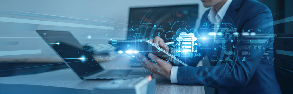 Data hosting, virtual infrastructure Businessman using tab with analysis data of growth to scale global connection, storage solutions, application deployment, resource optimization