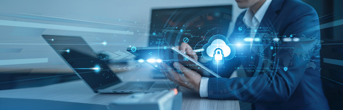 Threat prevention, data encryption Businessman using tab with analysis data of growth to secure global connection, risk mitigation, identity management, compliance assurance