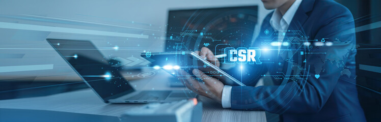 ethical practices. Businessman using tab with analysis data of growth to CSR global connection,...