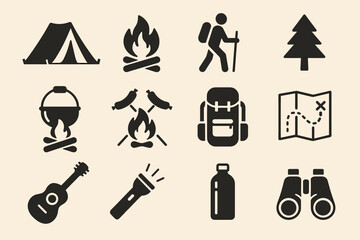 Camping and Outdoor Adventure Icons Set – Hiking, Fishing, Tent, Backpack, Campfire