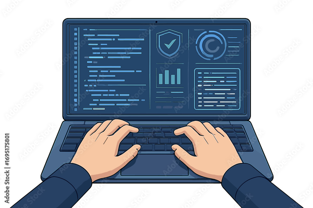 Poster a person typing on a keyboard to research, gather information, and manage data using system technolo