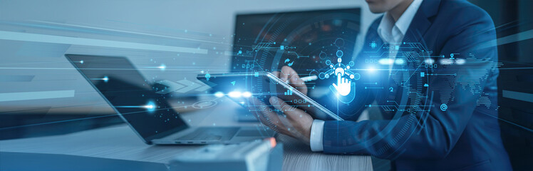Paperless workflow, digital archives Businessman using tab with analysis data of growth to...