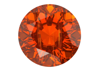 A vibrant, round gemstone, showcasing intricate facets and a rich orange hue against a stark black background.