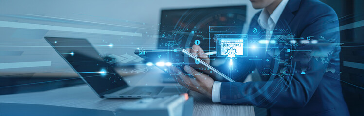 Low-code no-code AI, automation tools Businessman using tab with analysis data of growth to enhance global connection, rapid app development, workflow automation, digital transformation